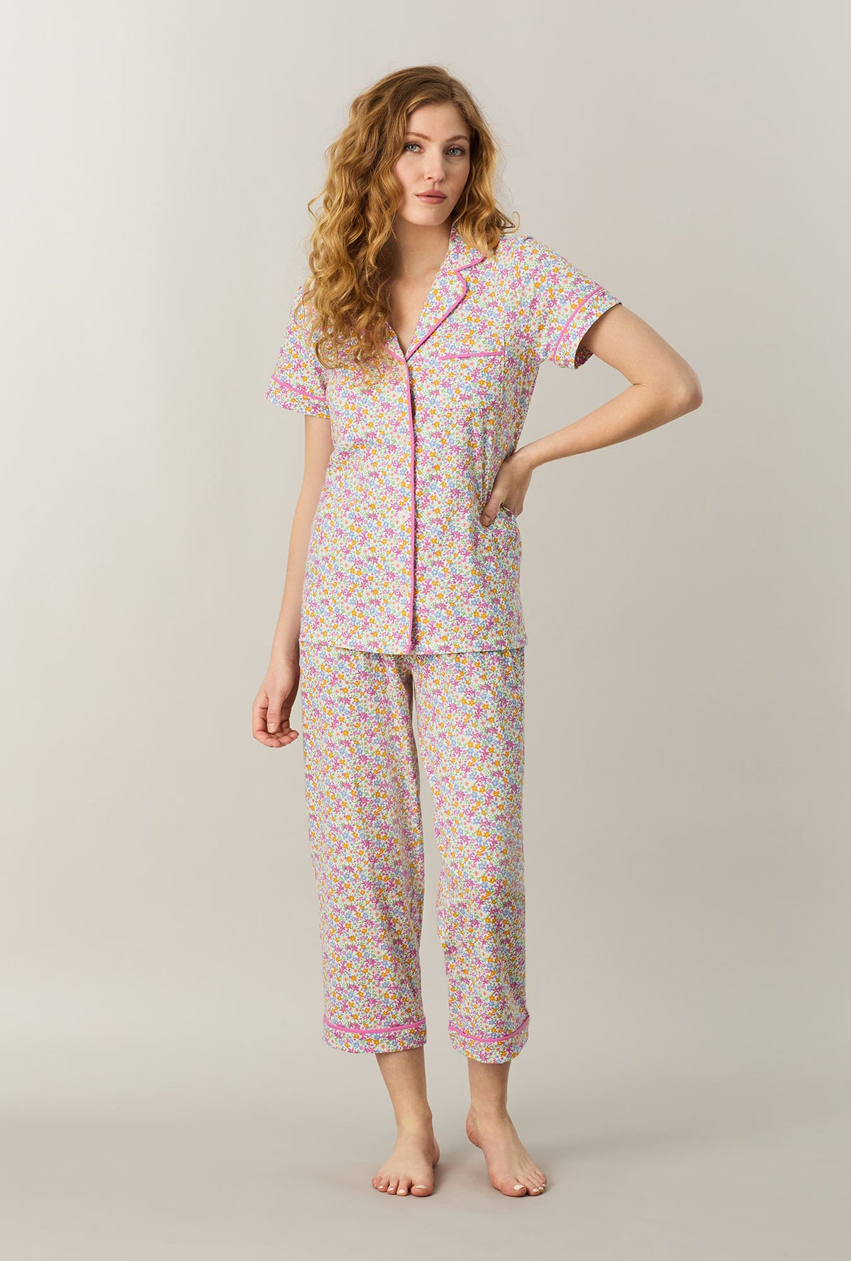 A lady wearing Summer Meadow Cotton Capri Pajama Set