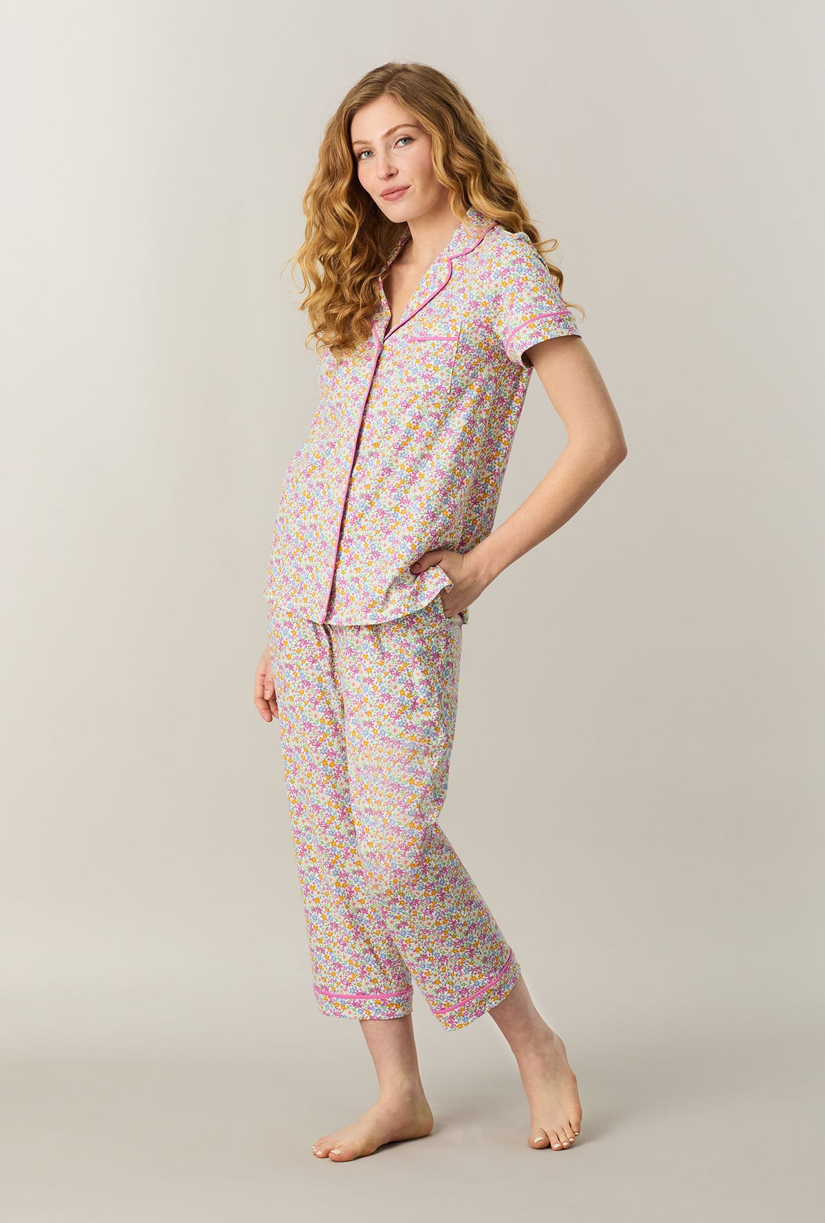 A lady wearing Summer Meadow Cotton Capri Pajama Set looking side