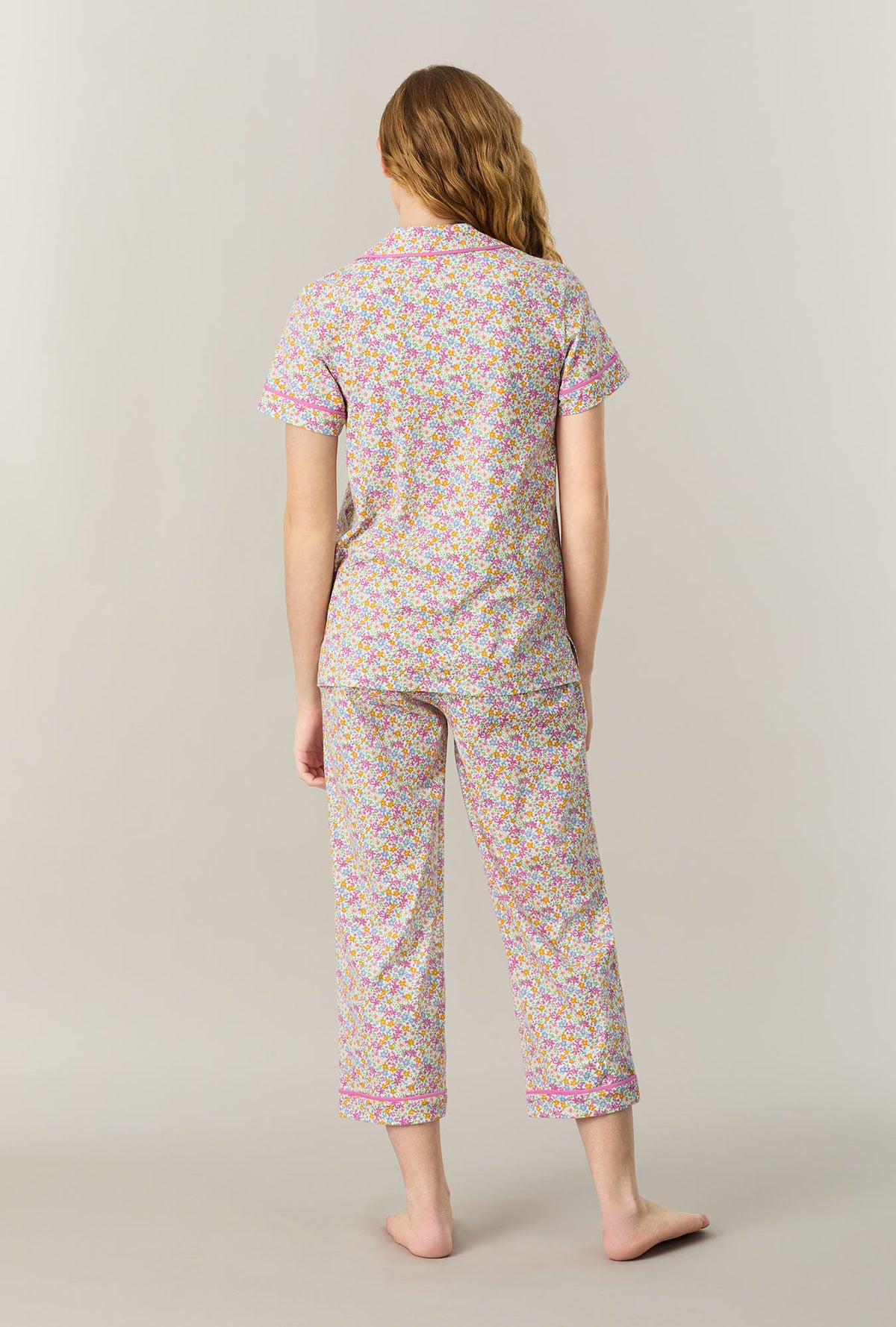 A lady wearing Summer Meadow Cotton Capri Pajama Set back view