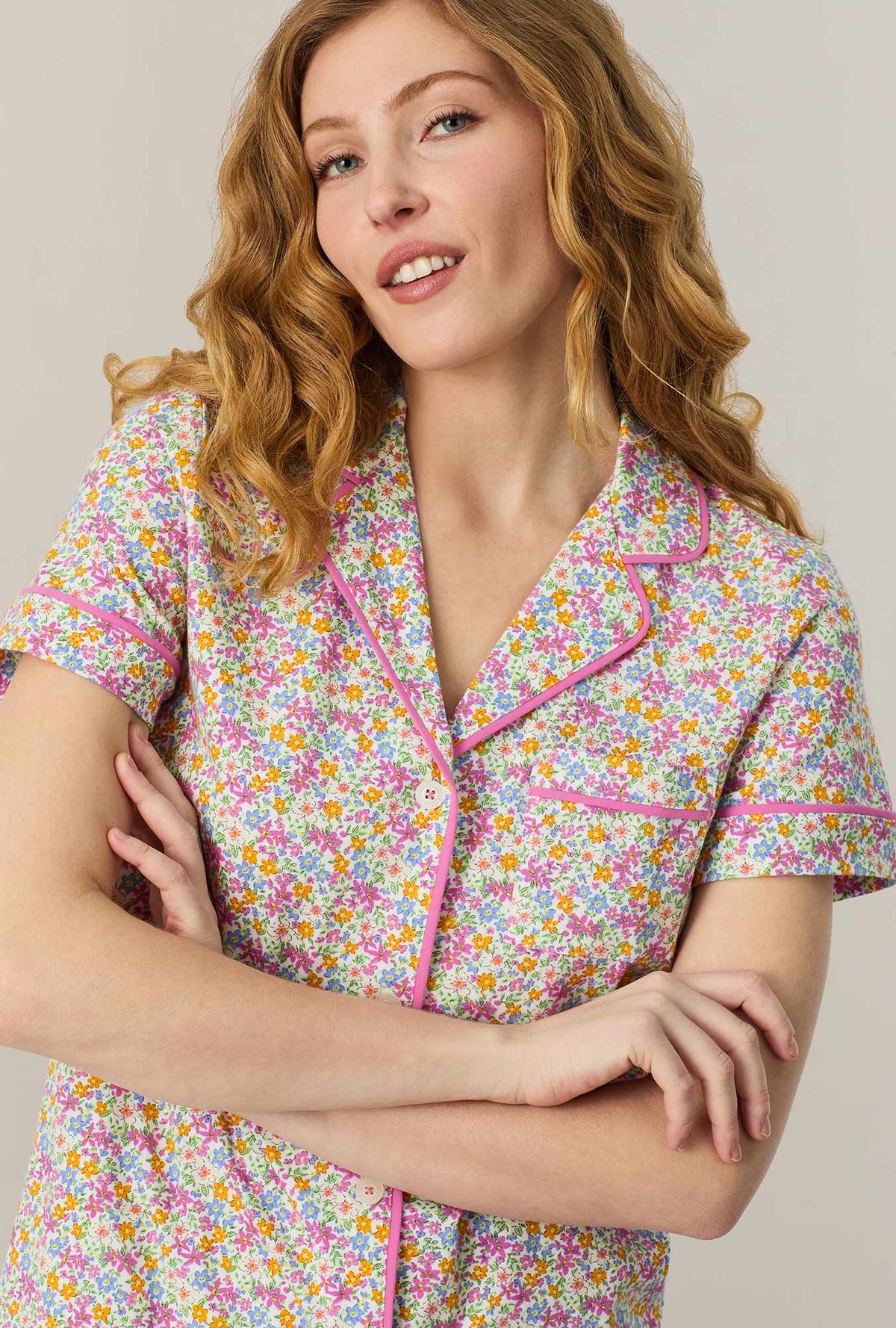 A lady wearing Summer Meadow Cotton Capri Pajama Set closer look