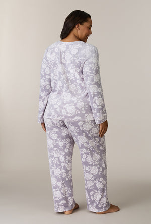 A lady wearing plus size Winter Bouquet Stretch Velour Long Pajama Set back view