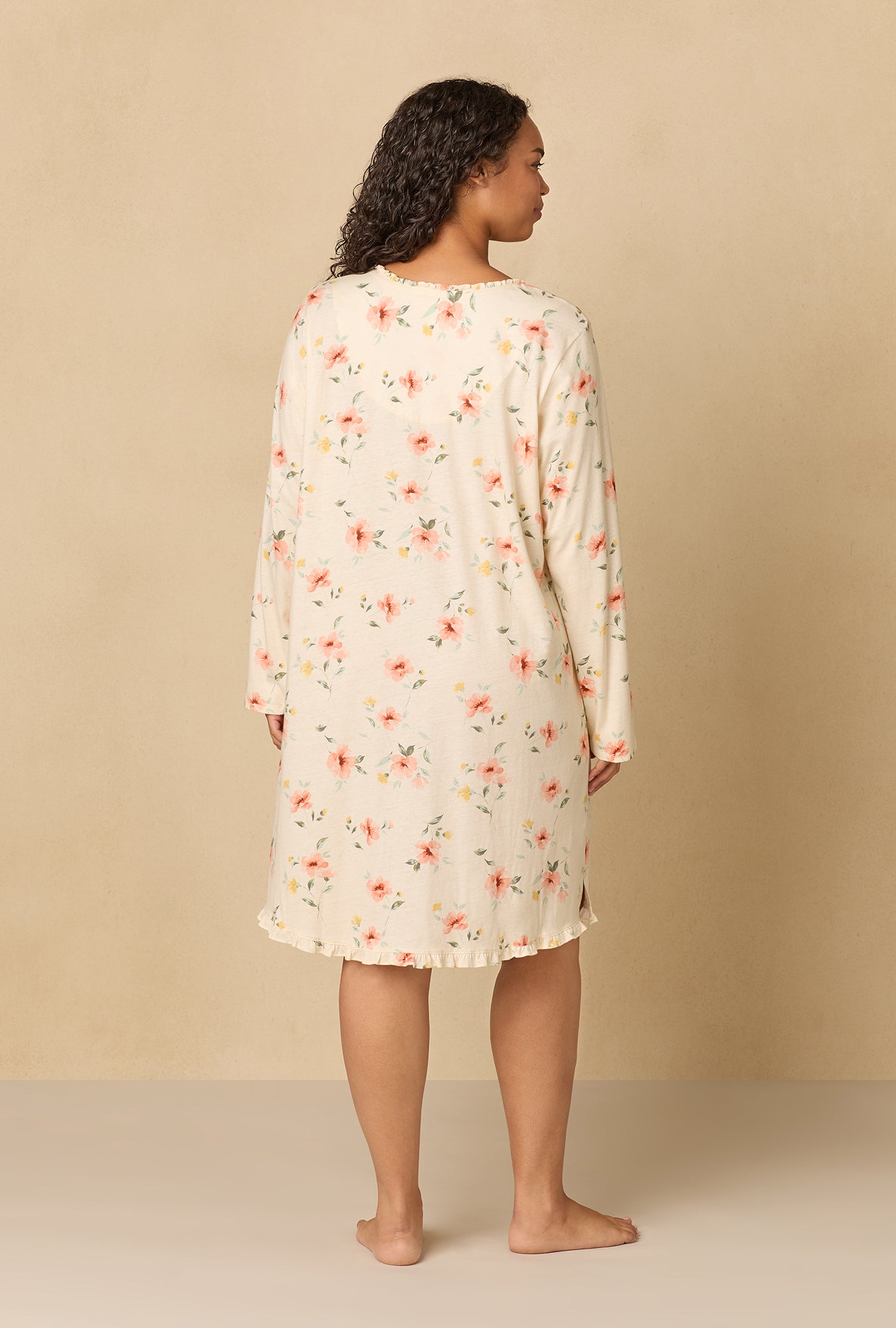 A lady wearing plus Sunlit Meadow Short Cotton Knit Nightgown