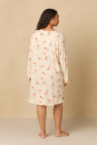 A lady wearing plus Sunlit Meadow Short Cotton Knit Nightgown