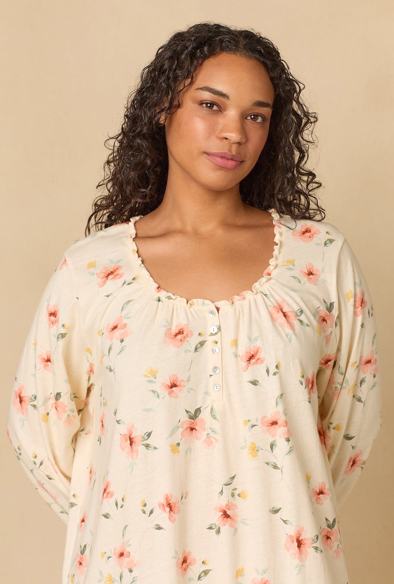 A lady wearing plus Sunlit Meadow Short Cotton Knit Nightgown