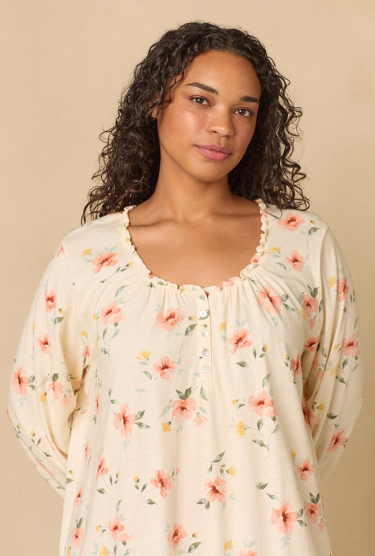 A lady wearing plus Sunlit Meadow Short Cotton Knit Nightgown