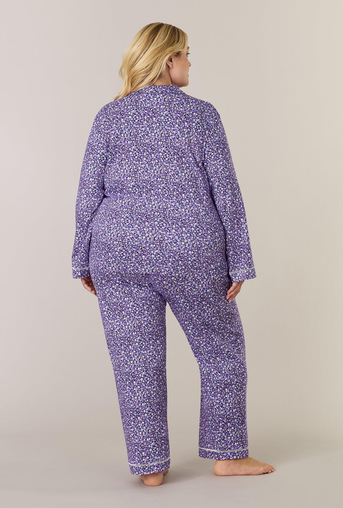 A lady wearing plus size Lilac Garden Cotton Interlock Long Pajama Set posing back