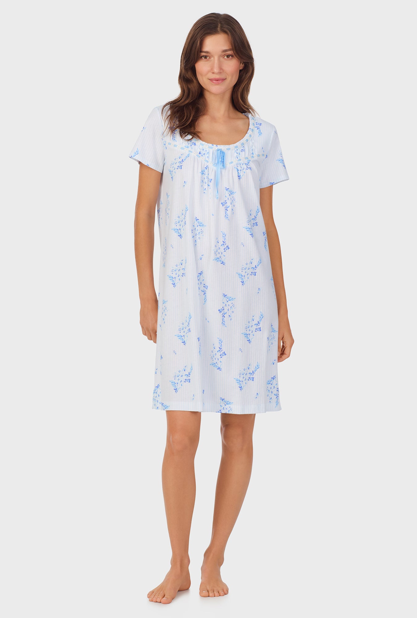 A lady wearing Floral Stripe Cotton Short Nightgown