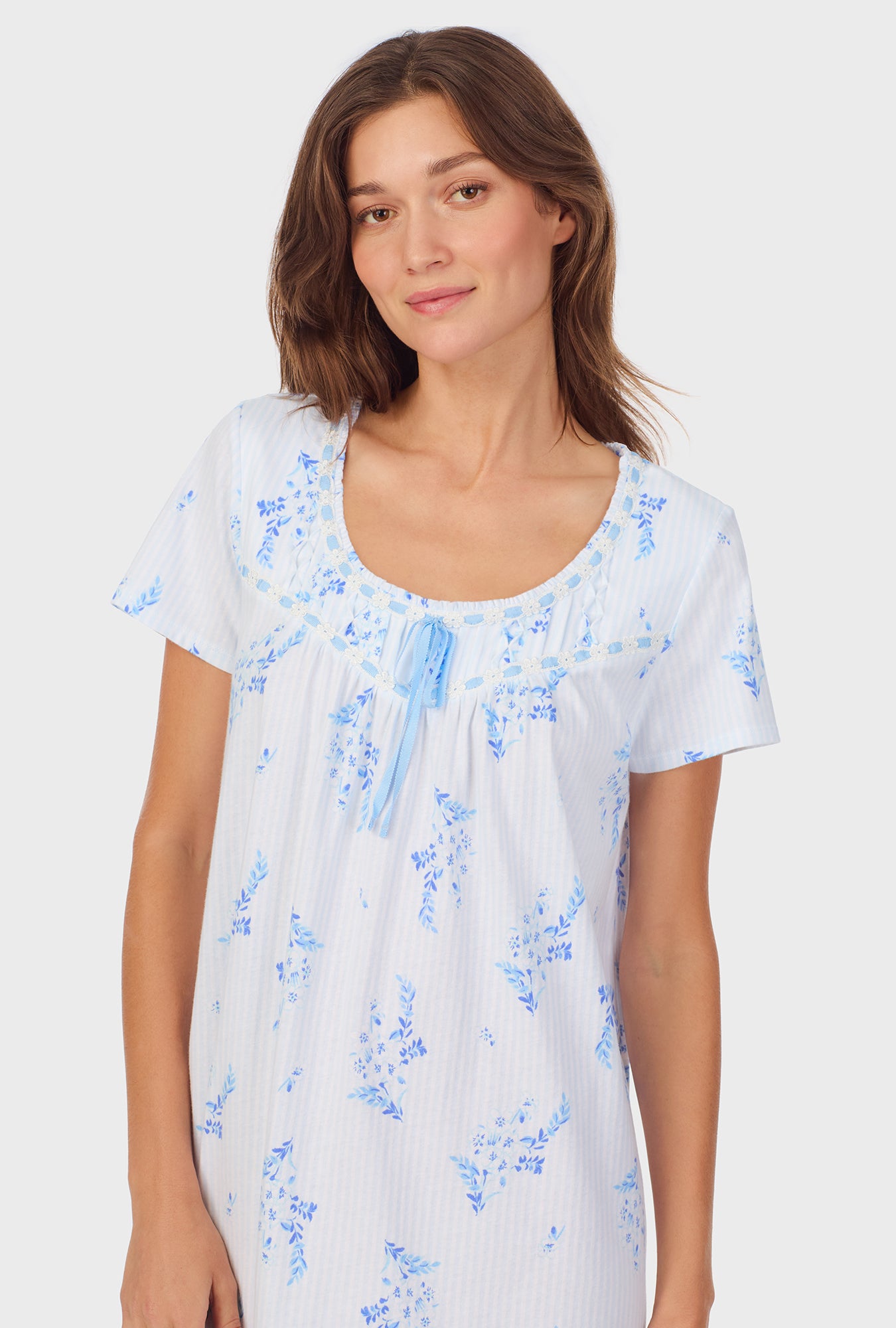 A lady wearing Floral Stripe Cotton Short Nightgown