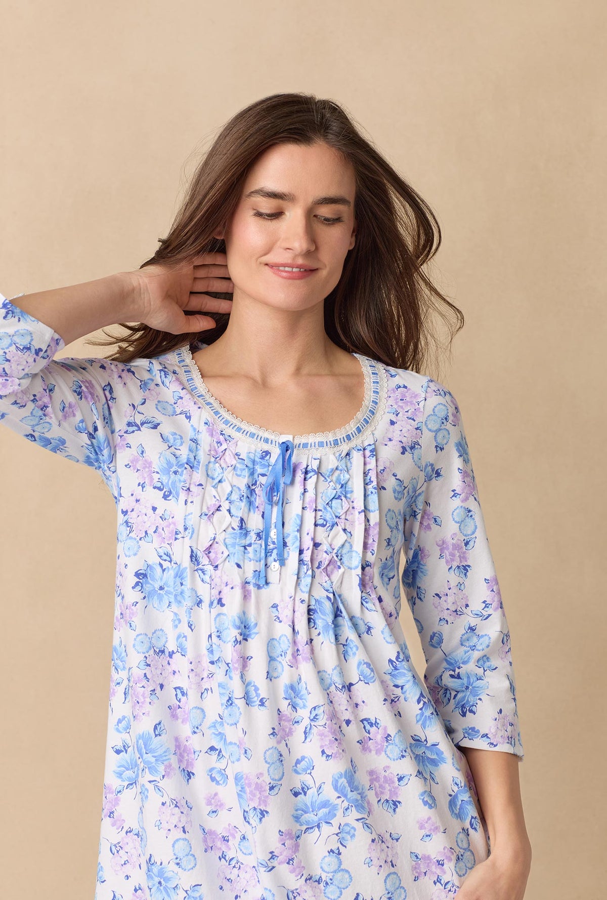 A lady wearing Purple Hydrangea 3/4 Sleeve Cotton Short Nightgown