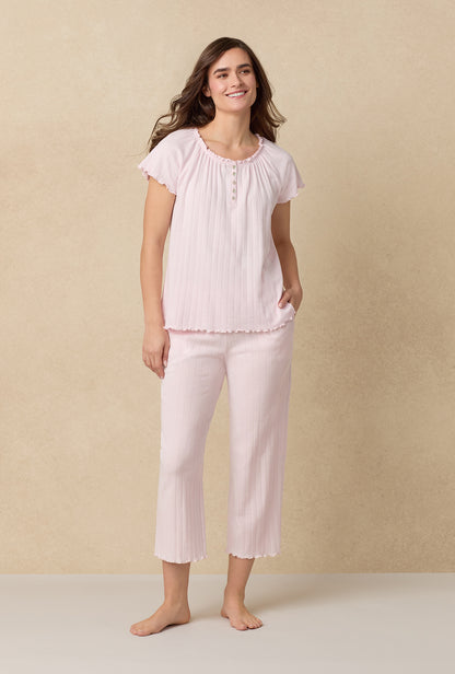 A lady wearing Sweet Rose Cotton Pointelle Capri Pajama Set