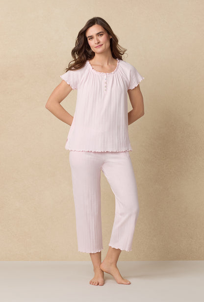 A lady wearing Sweet Rose Cotton Pointelle Capri Pajama Set