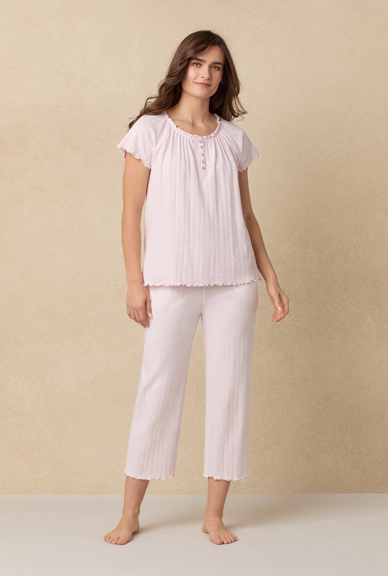 A lady wearing Sweet Rose Cotton Pointelle Capri Pajama Set