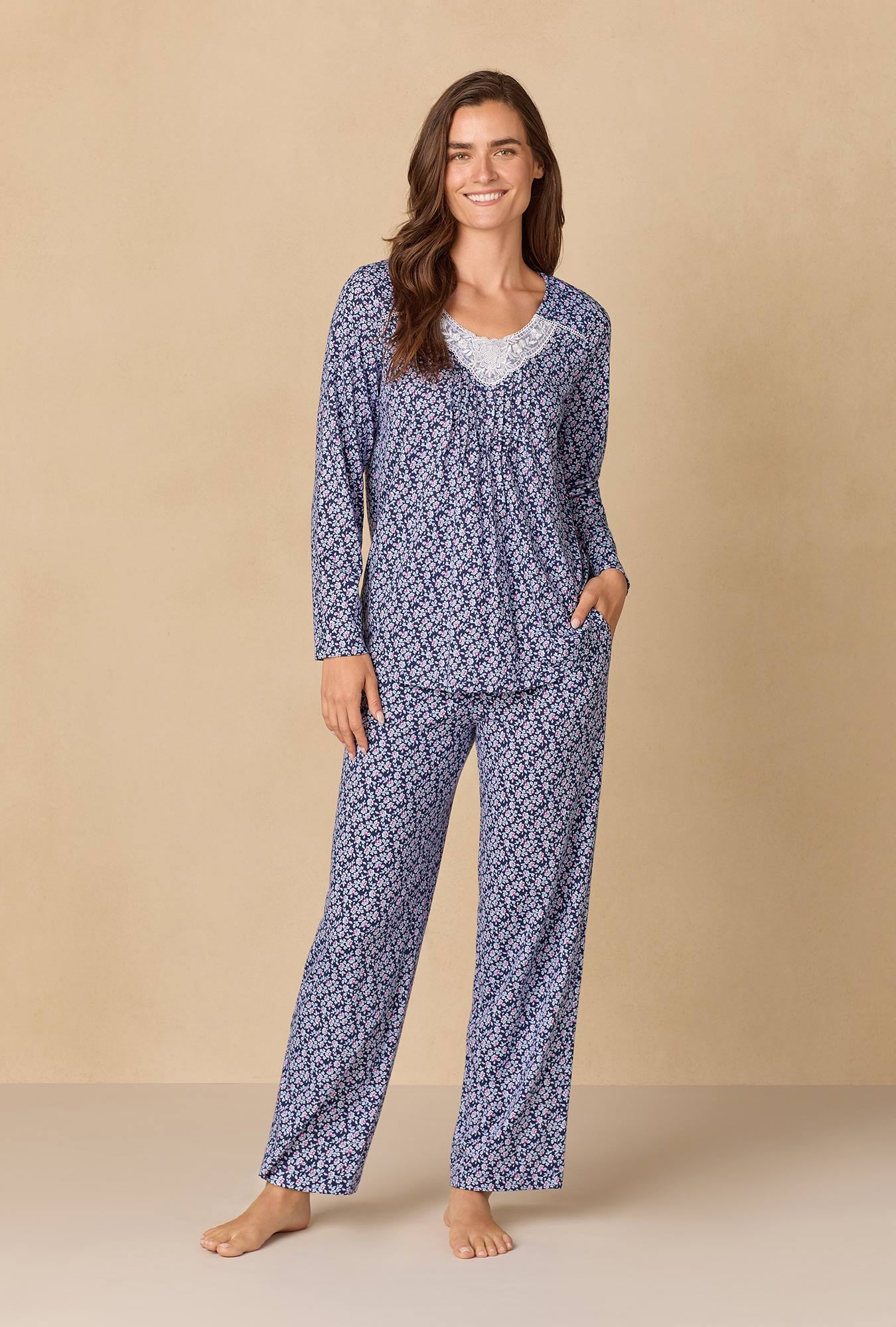 A lady wearing Navy Reverie Ditsy Cotton Knit Long Pajama