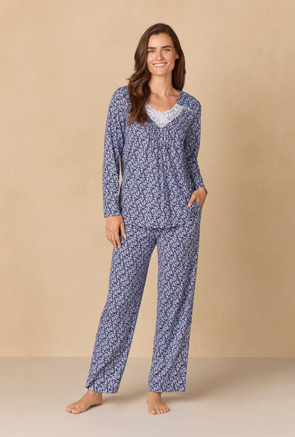 A lady wearing Navy Reverie Ditsy Cotton Knit Long Pajama