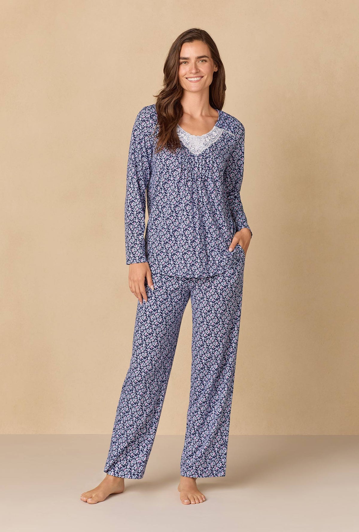 A lady wearing Navy Reverie Ditsy Cotton Knit Long Pajama