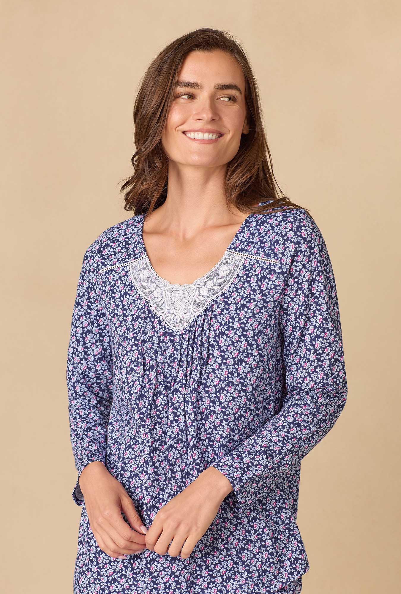 A lady wearing Navy Reverie Ditsy Cotton Knit Long Pajama