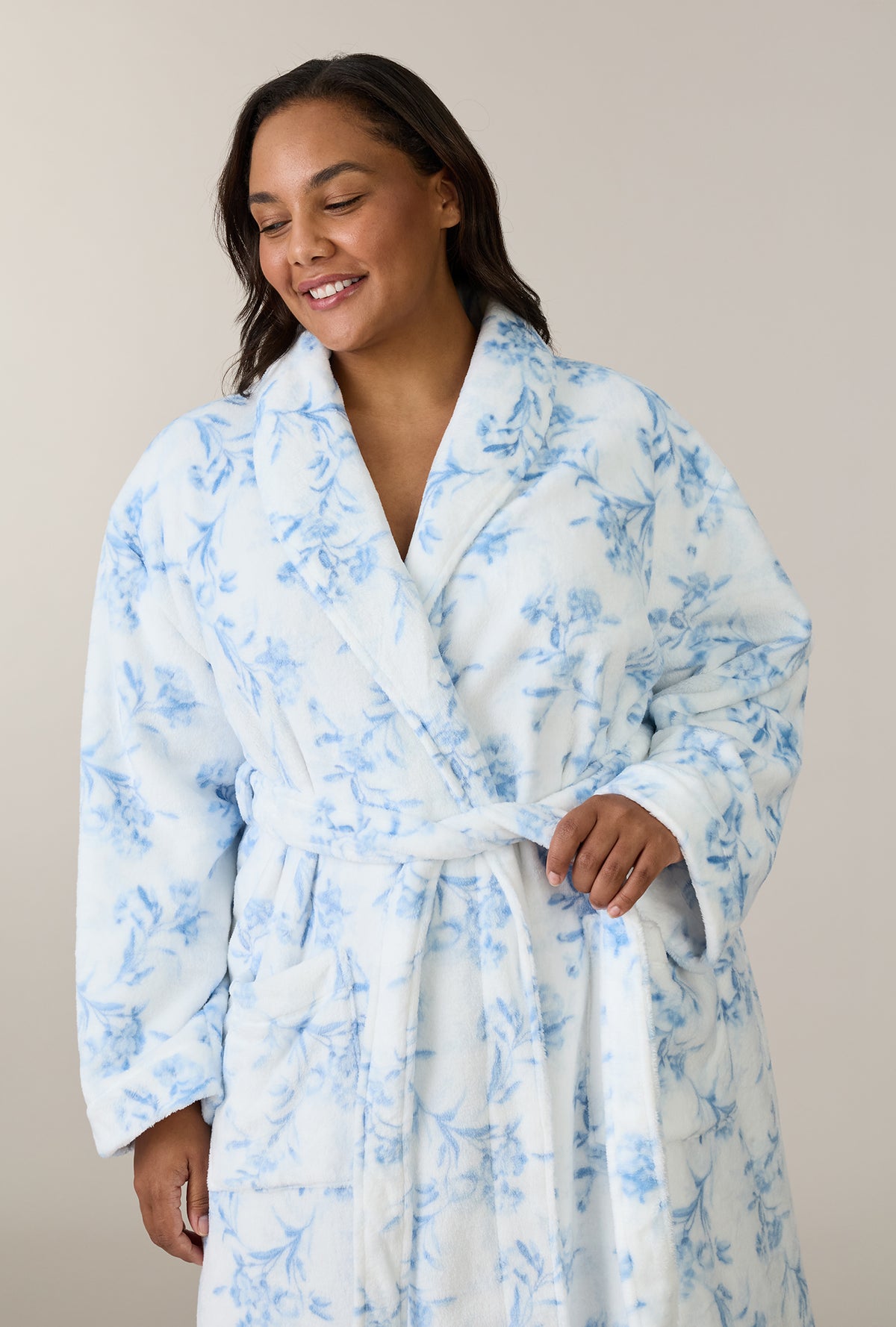 A lady wearing plus size Winter Blue Floral Wrap Chenille Ballet Robe closer look