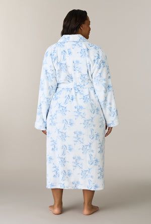A lady wearing plus size Winter Blue Floral Wrap Chenille Ballet Robe back view