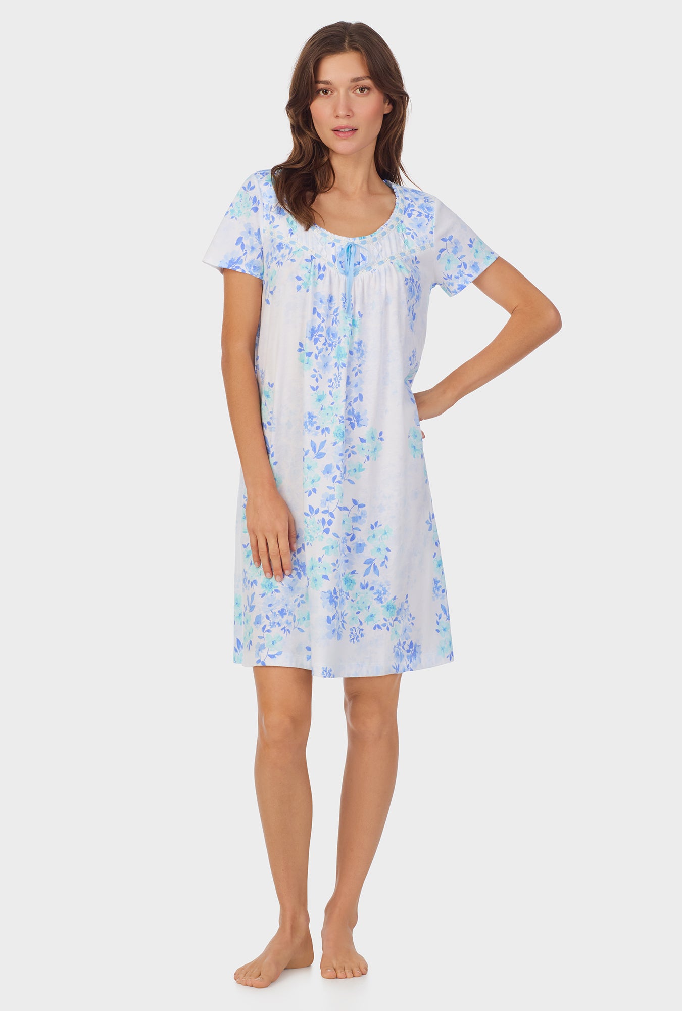 A lady wearing Watercolor Floral Cotton Short Nightgown