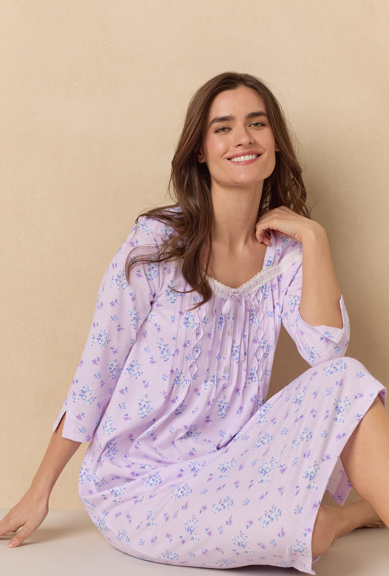 A lady wearing Mini Floral Long Sleeve Cotton Ballet Nightgown