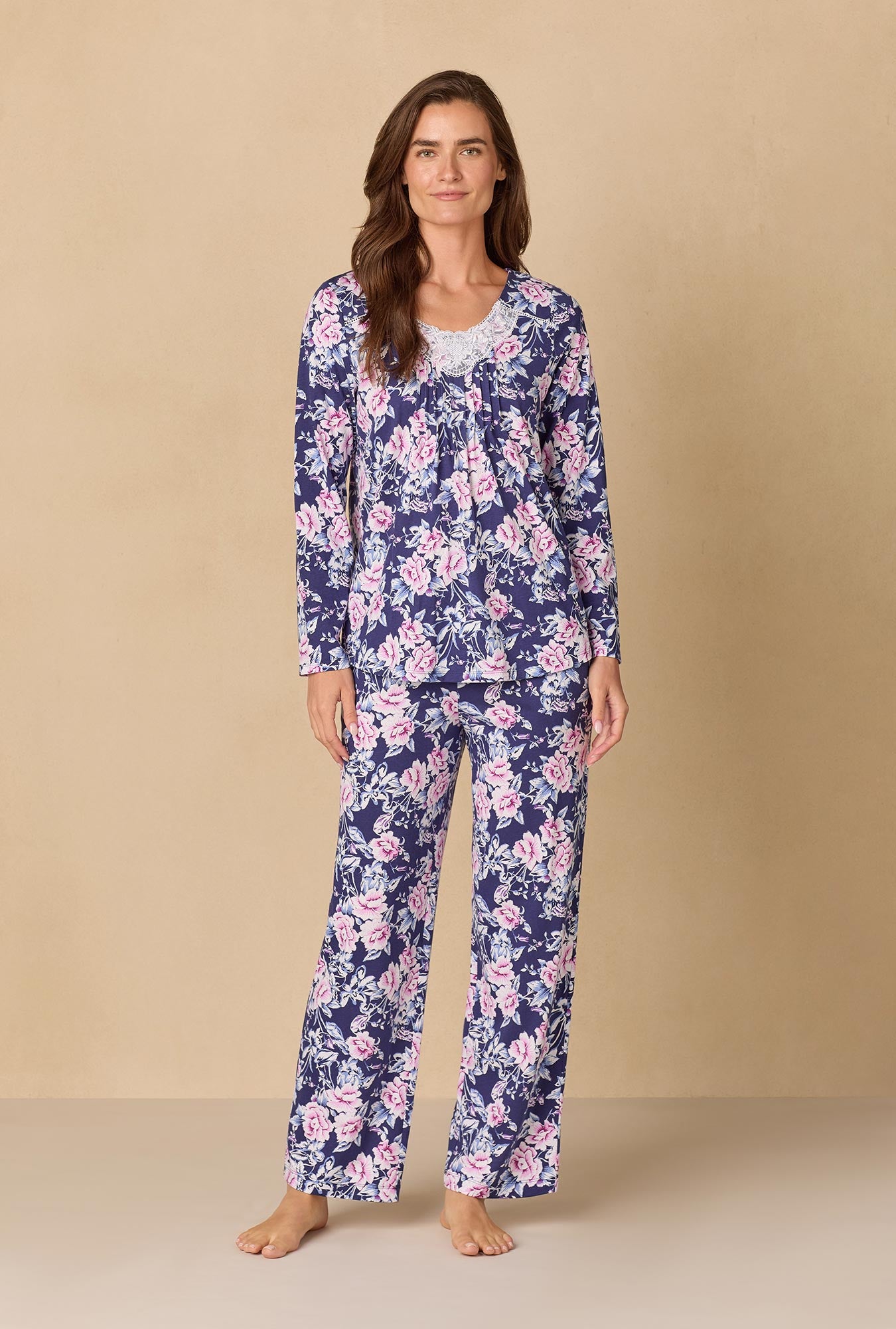 A lady wearing Midnight Garden Floral Cotton Knit Long Pajama
