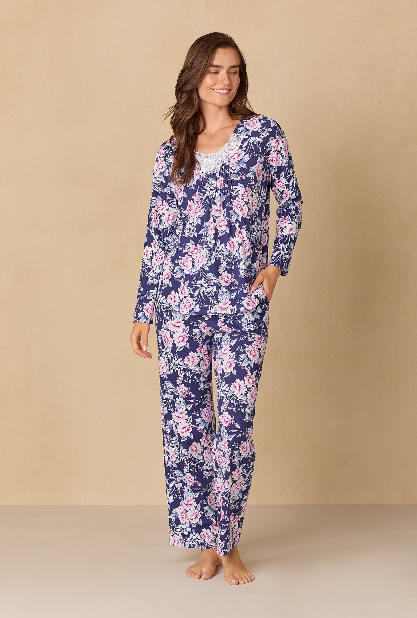 A lady wearing Midnight Garden Floral Cotton Knit Long Pajama
