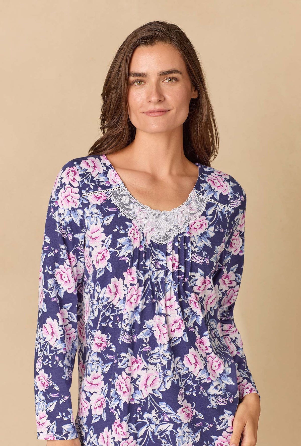 A lady wearing Midnight Garden Floral Cotton Knit Long Pajama