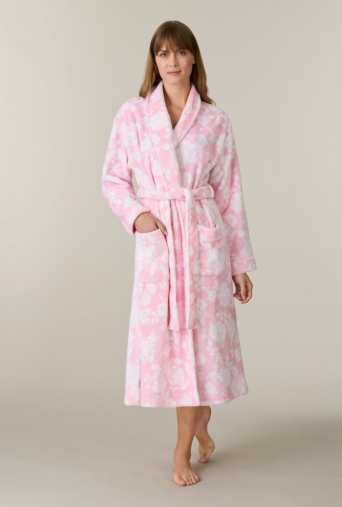 A lady wearing Pink Peonies Wrap Chenille Ballet Robe