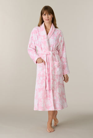 A lady wearing Pink Peonies Wrap Chenille Ballet Robe