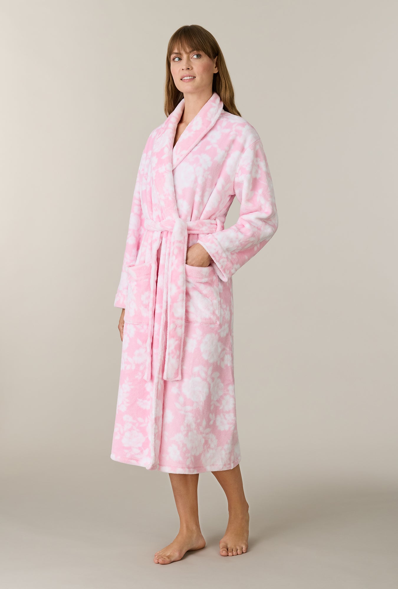 A lady wearing Pink Peonies Wrap Chenille Ballet Robe