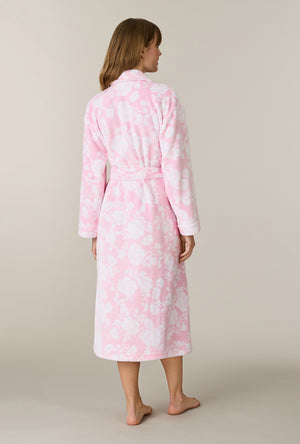 A lady wearing Pink Peonies Wrap Chenille Ballet Robe back view