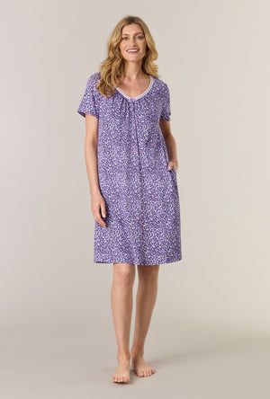 A lady wearing Lilac Garden Short Sleeve Cotton Interlock Short Nightgown
