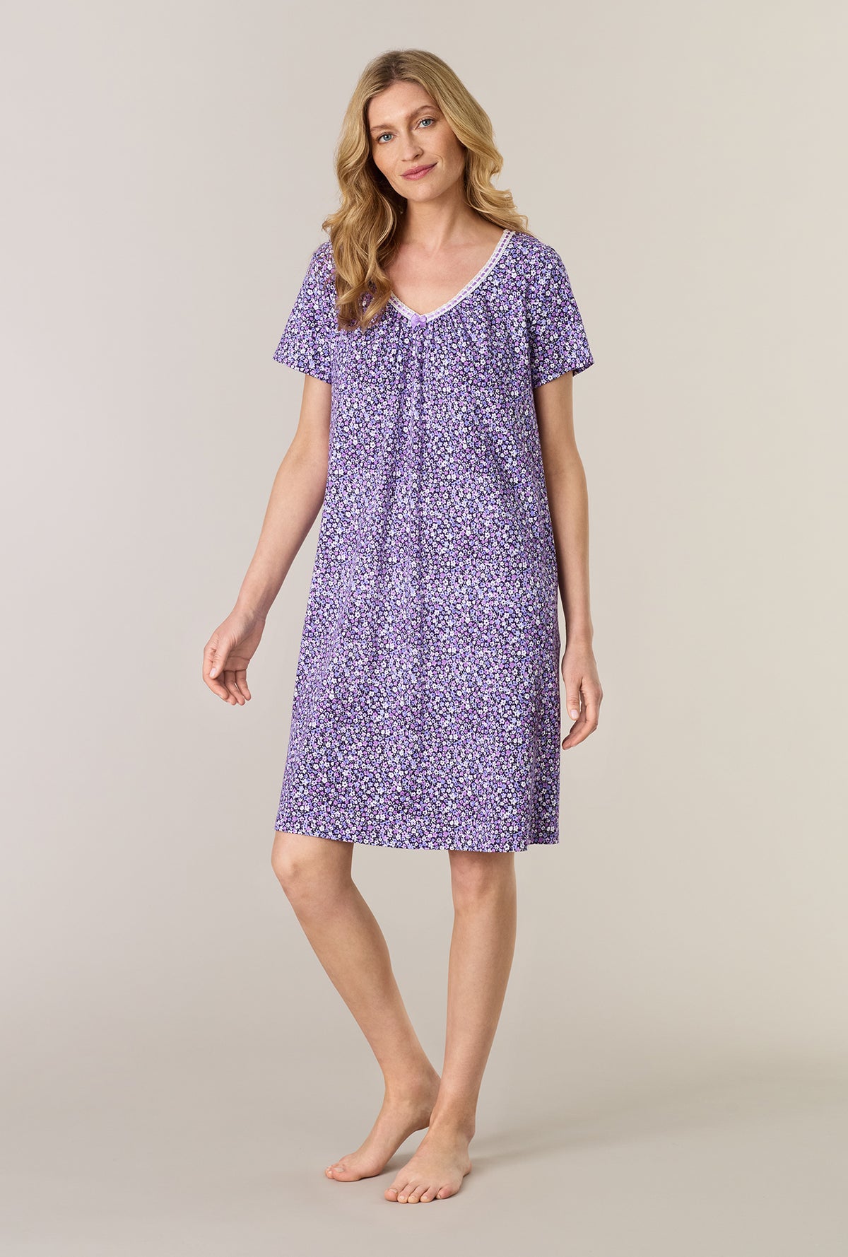 A lady wearing Lilac Garden Short Sleeve Cotton Interlock Short Nightgown looking front