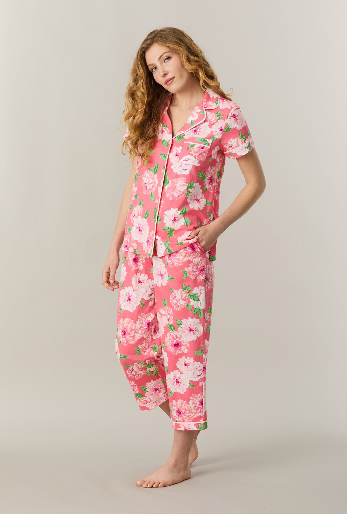 A lady wearing Coral Blooms Cotton Capri Pajama Set looking front