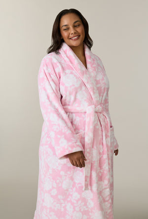A lady wearing plus size Pink Peonies Wrap Chenille Ballet Robe