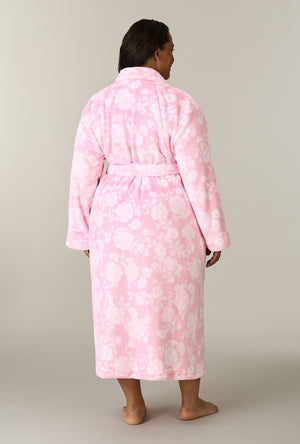 A lady wearing plus size Pink Peonies Wrap Chenille Ballet Robe back view