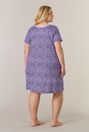 A lady wearing plus size Lilac Garden Short Sleeve Cotton Interlock Short Nightgown back view