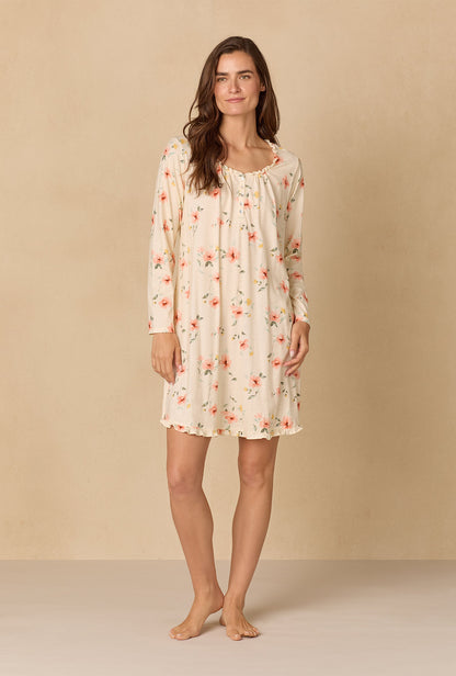 A lady wearing Sunlit Meadow Short Cotton Knit Nightgown