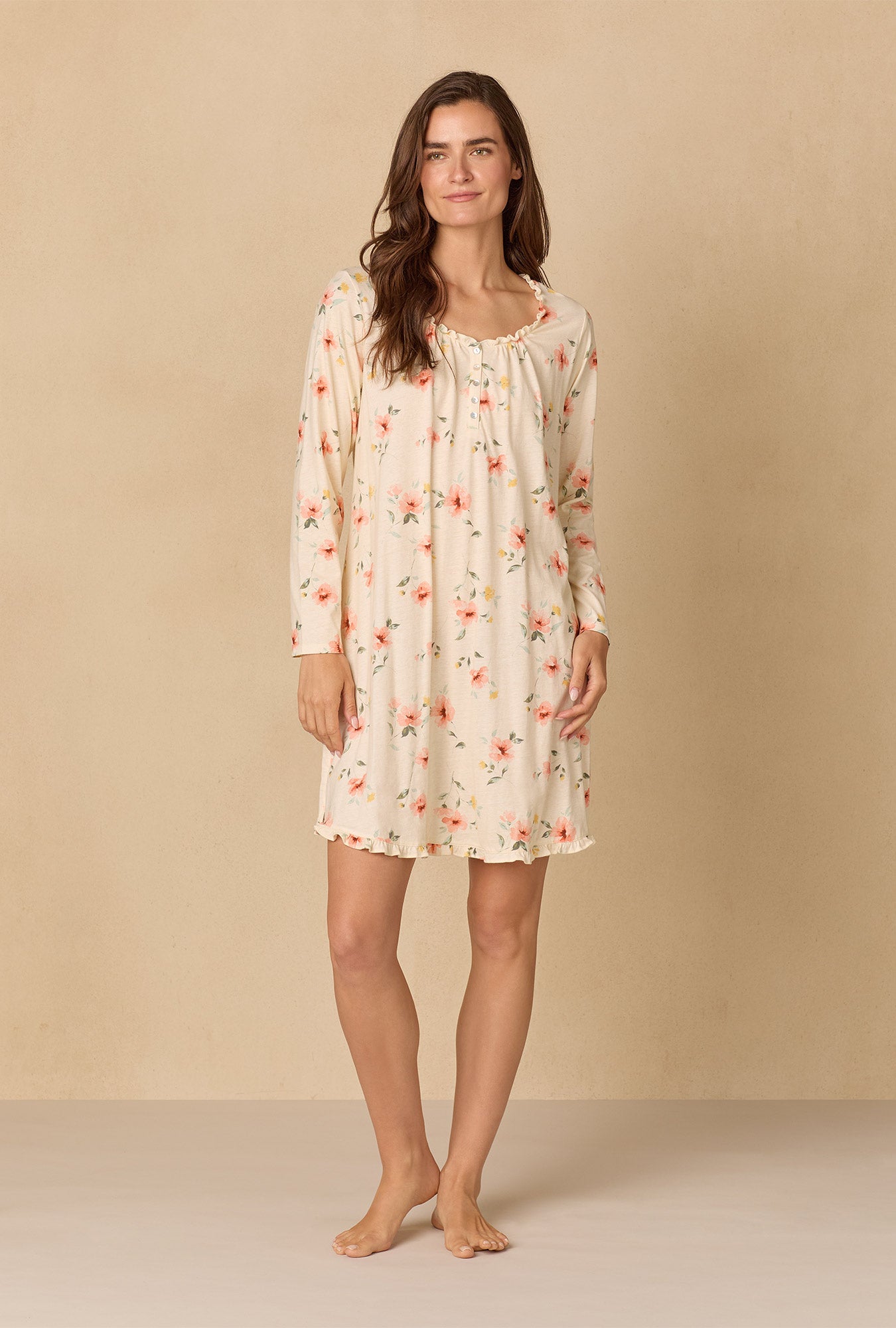 A lady wearing Sunlit Meadow Short Cotton Knit Nightgown