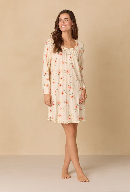 A lady wearing Sunlit Meadow Short Cotton Knit Nightgown