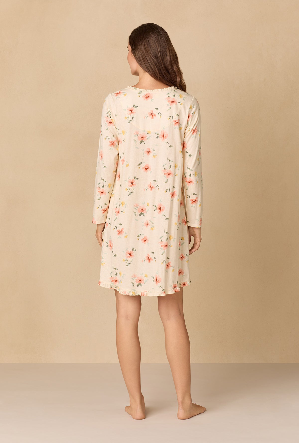 A lady wearing Sunlit Meadow Short Cotton Knit Nightgown