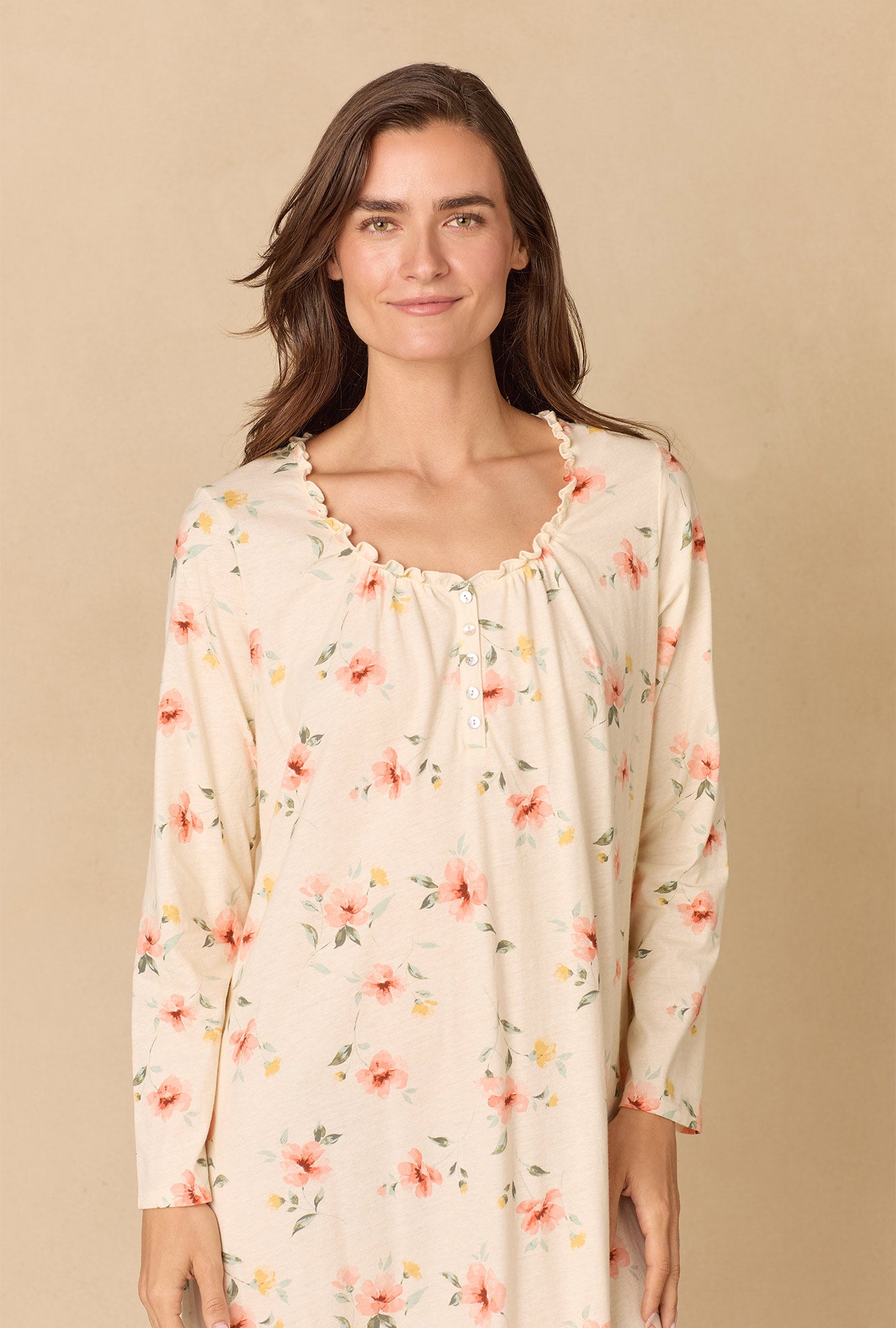 A lady wearing Sunlit Meadow Short Cotton Knit Nightgown