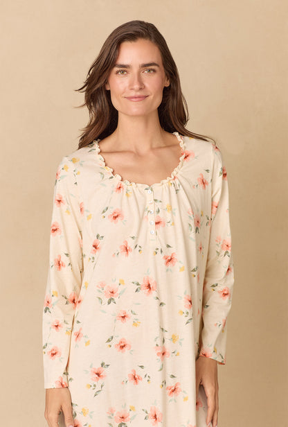 A lady wearing Sunlit Meadow Short Cotton Knit Nightgown