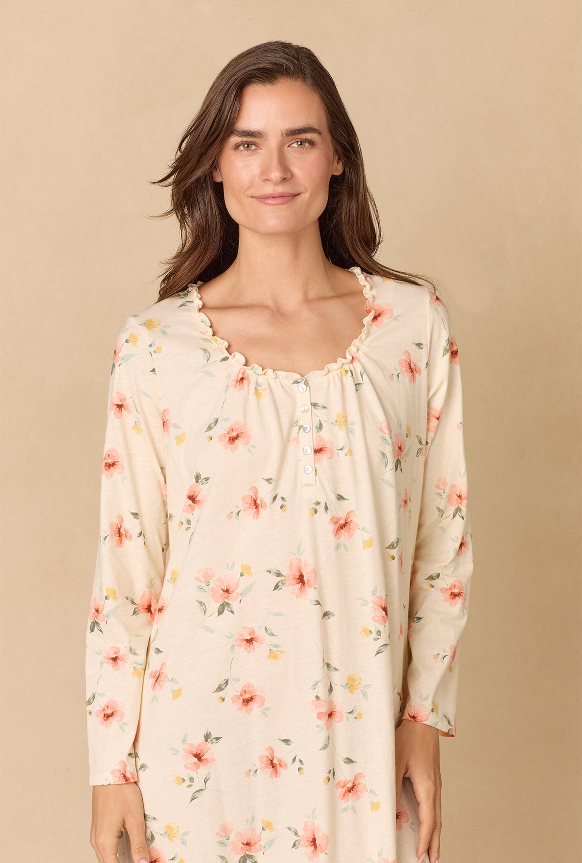 A lady wearing Sunlit Meadow Short Cotton Knit Nightgown