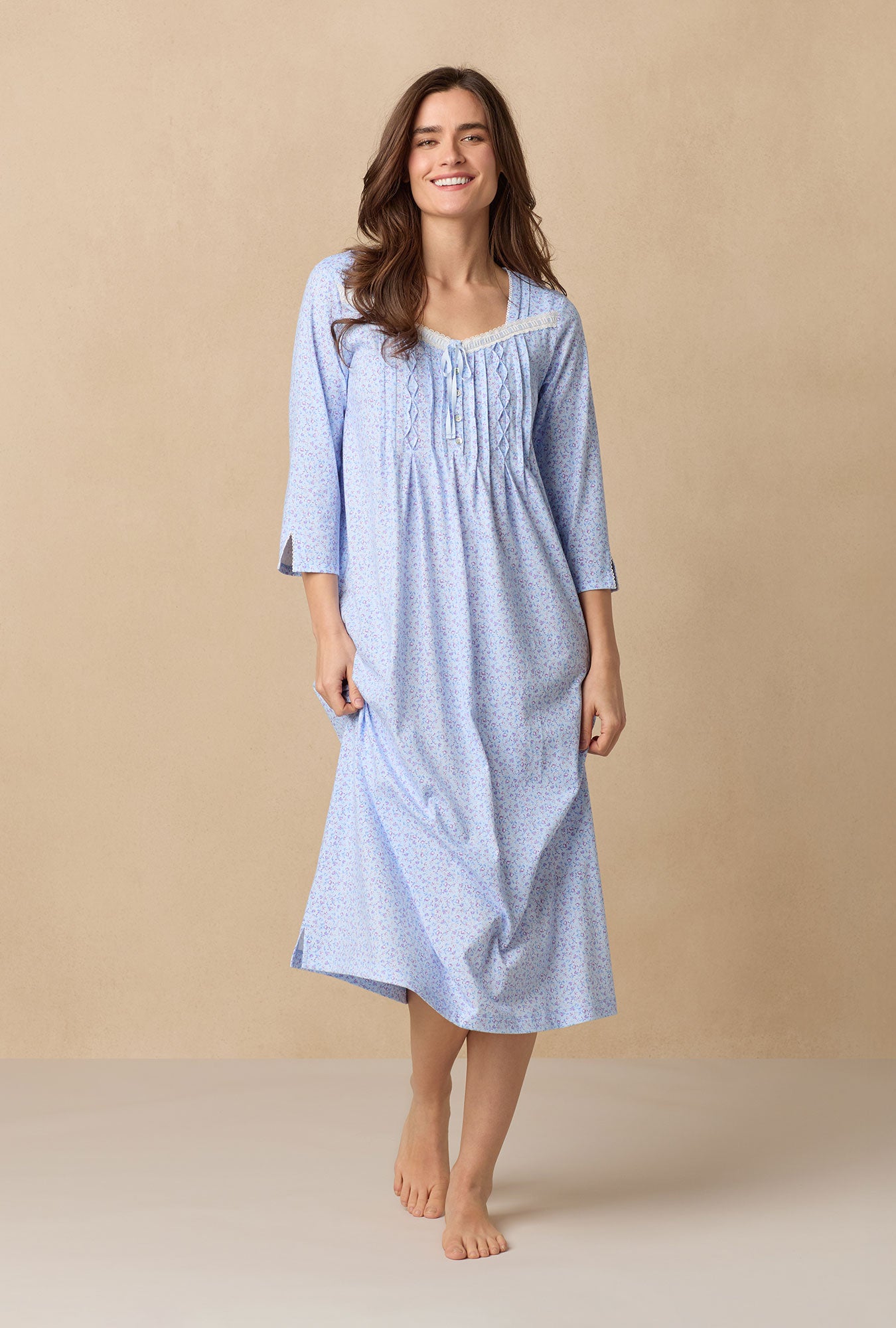 A lady wearing Dreamy Ditsy Long Sleeve Cotton Ballet Nightgown
