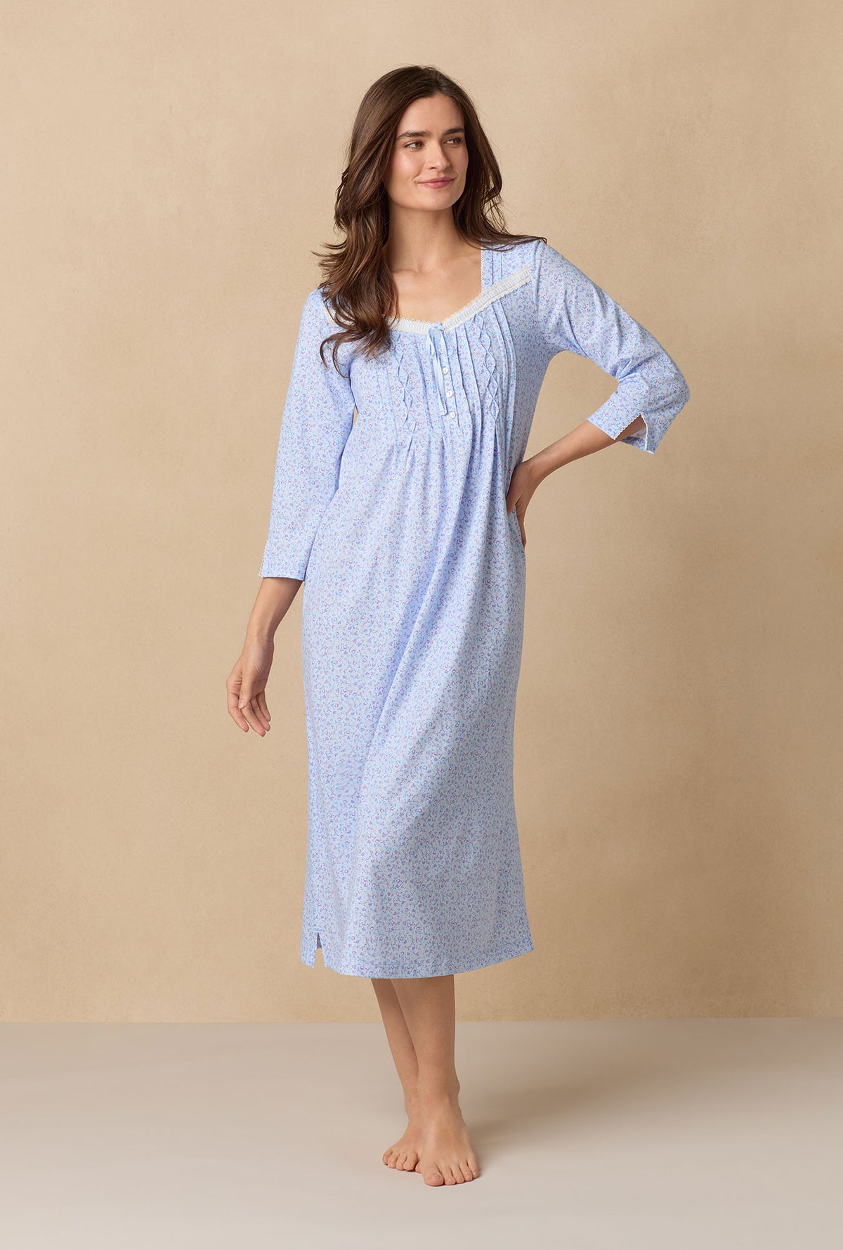 A lady wearing Dreamy Ditsy Long Sleeve Cotton Ballet Nightgown