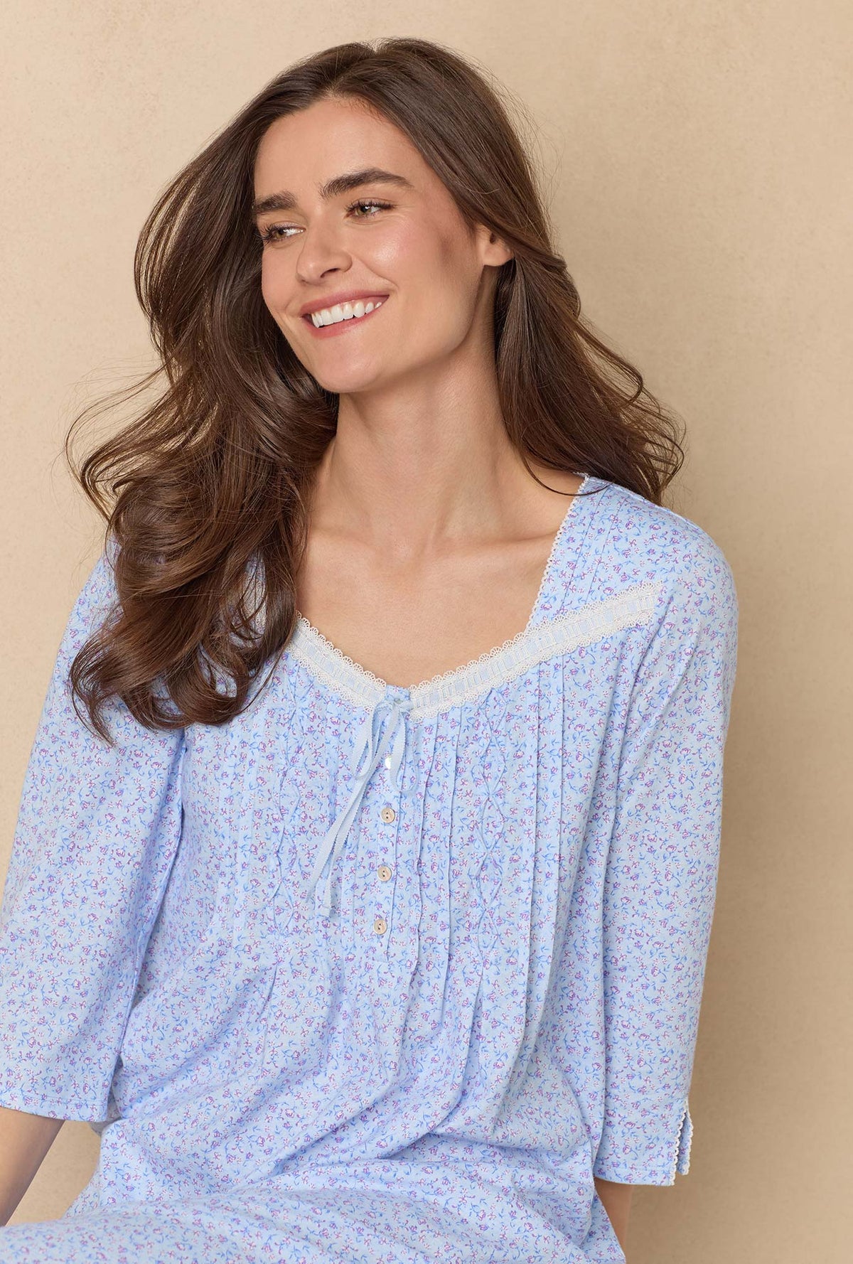 A lady wearing Dreamy Ditsy Long Sleeve Cotton Ballet Nightgown