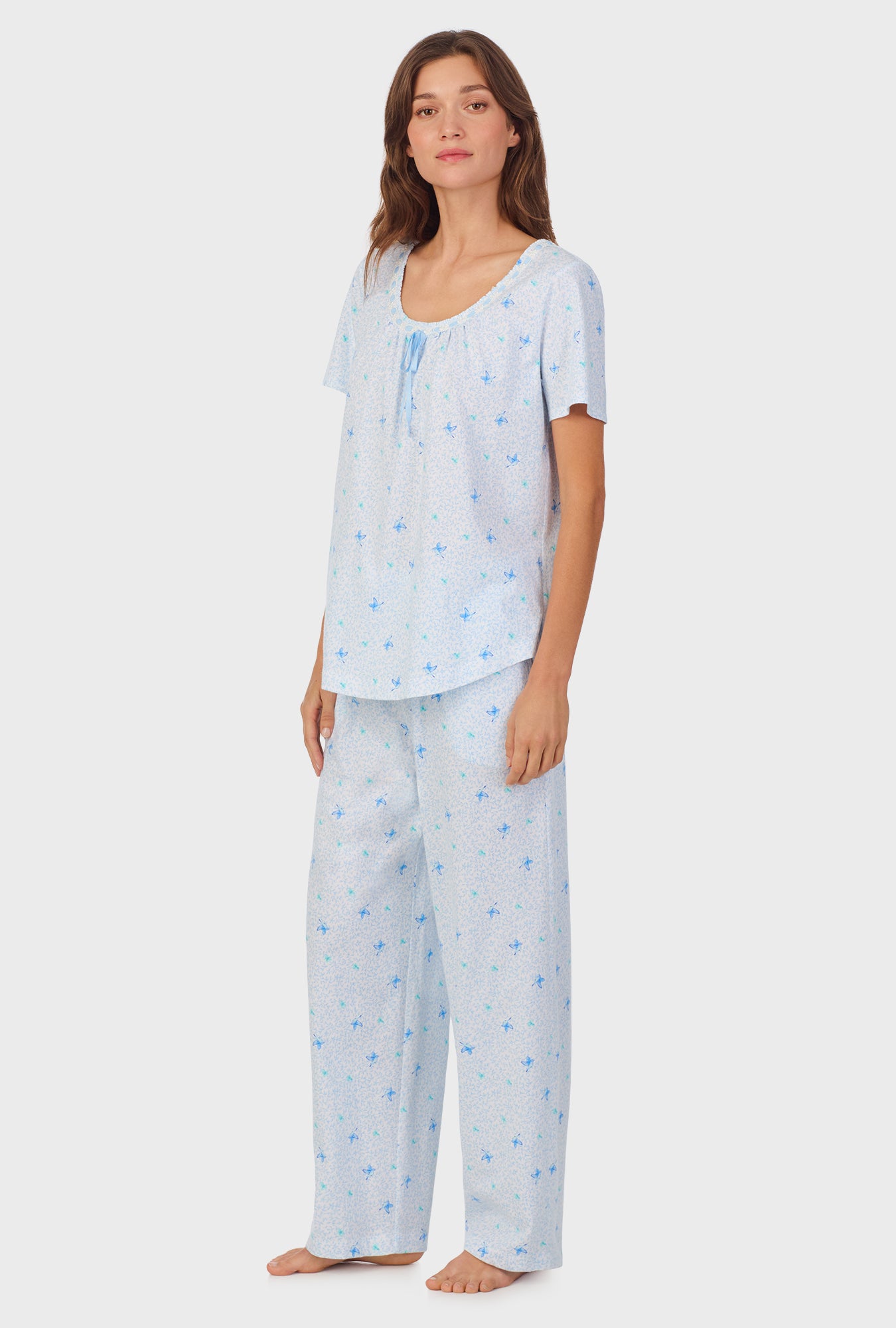 A lady wearing Blue Hummingbird Cotton Long Pajama Set