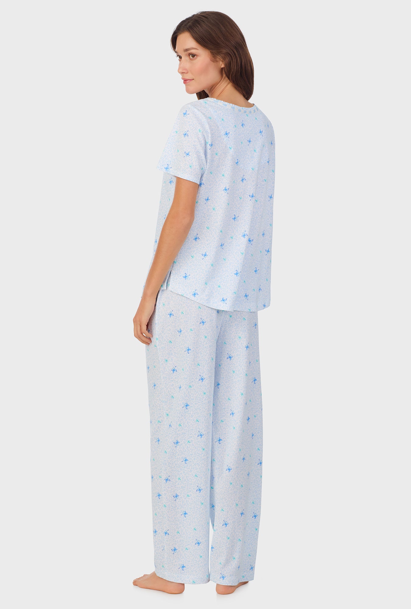 A lady wearing Blue Hummingbird Cotton Long Pajama Set