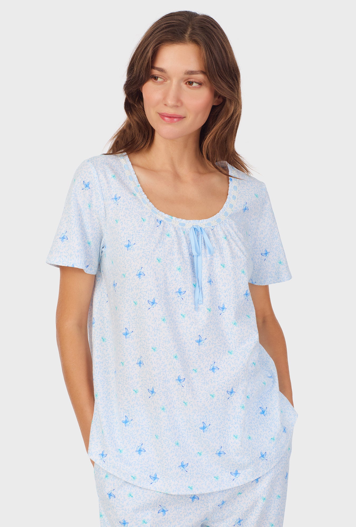 A lady wearing Blue Hummingbird Cotton Long Pajama Set